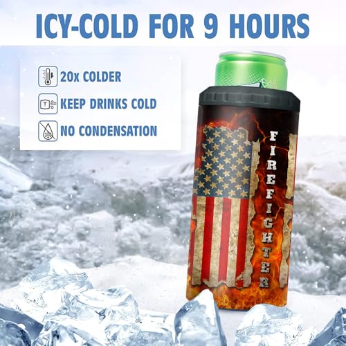 Image of SANDJEST Firefighter Tumbler American Flag 4 in 1 12oz Tumbler Can Cooler Coozie Skinny Stainless Steel Tumbler Gift for Firemen Fire Department Dad Men Father Graduation Retirement