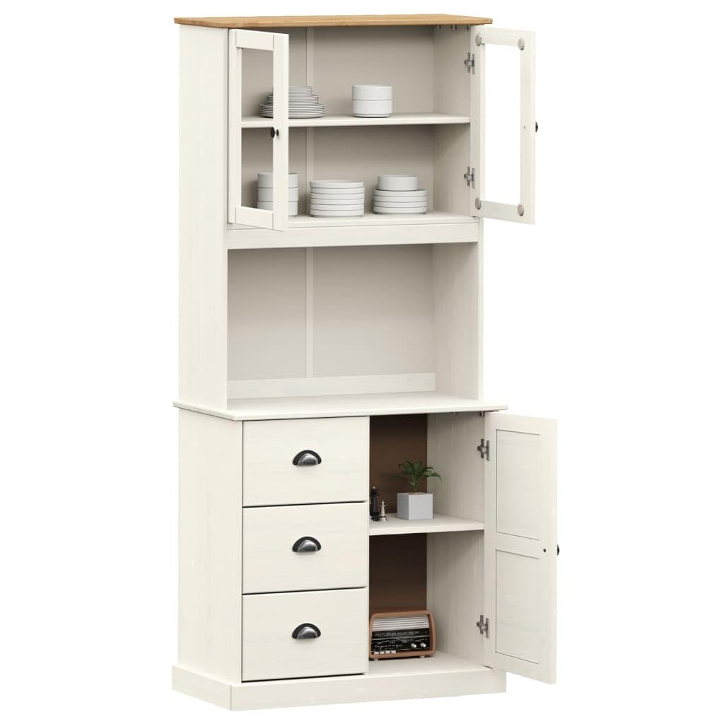 Tablero alto de madera maciza de pino con frentes de cristal y asas de metal. Elegante buffet de cocina con espacio para vajilla y decoración de madera de pino resistente