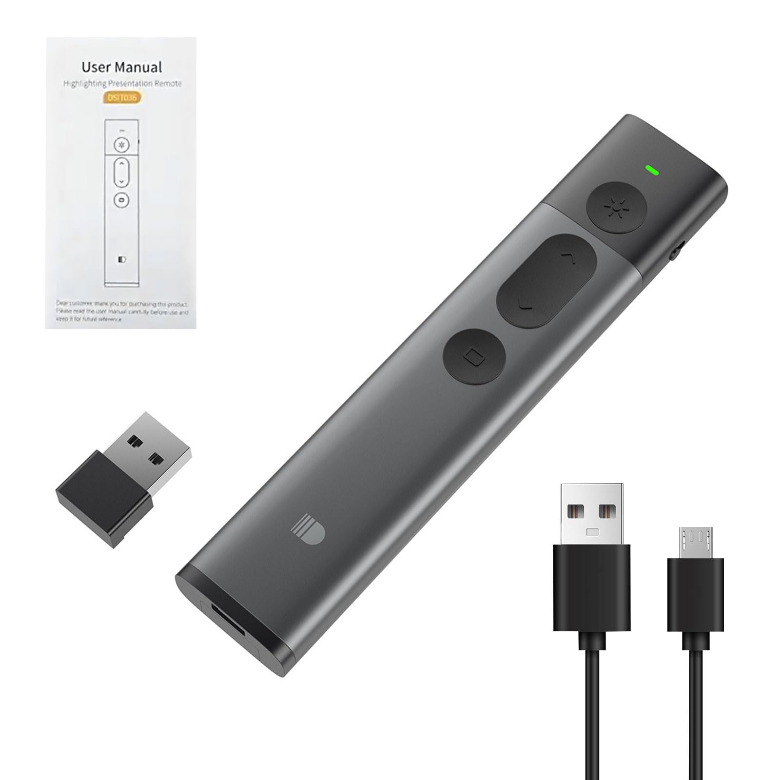 Telecomando per presentazioni wireless ricaricabile di alta qualità | Connettività a 2,4 GHz, portata di 30 m, puntatore luminoso, ricevitore USB, compatibile con PC/Mac/Android - Ideale per presentaz