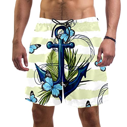 GORDESC Nautical Anchor Short de bain pour homme Motif floral et papillons à rayures Séchage rapide avec poches et doublure en maille, Multicolore, S