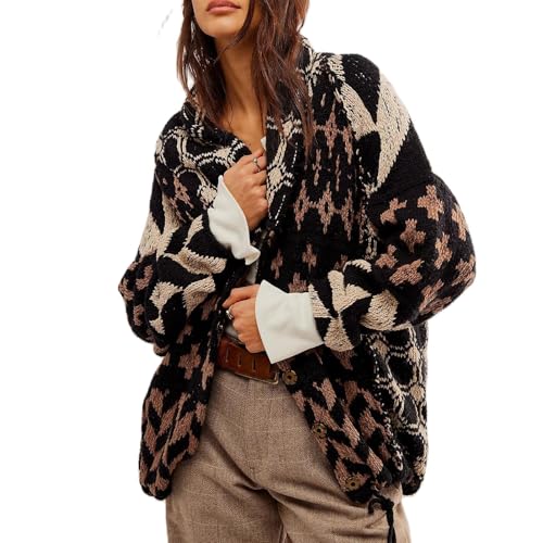 ABYOVRT Women Cardigan Sweater Shawl Collar Button Down Oversized Sweaters Boho Fall Coat (One Size,Black)