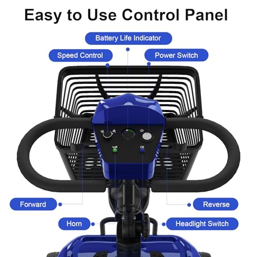 Powered Mobility Scooter, 265 lbs All Terrain Foldable Electric Scooter for Adults,Travel,Long Range Power Extended Battery with Charger,Basket and LED Light (Blue)