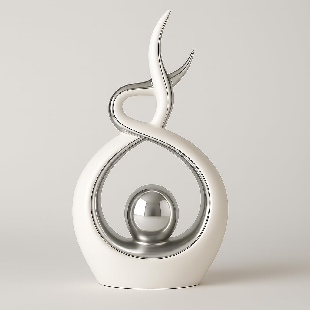 White & Silver Abstract Ceramic Ornament – Modern Decorative Sculpture for Living Room, Shelf & Coffee Table Decor – Minimalist Home Décor Accent, Table Centerpiece Gift