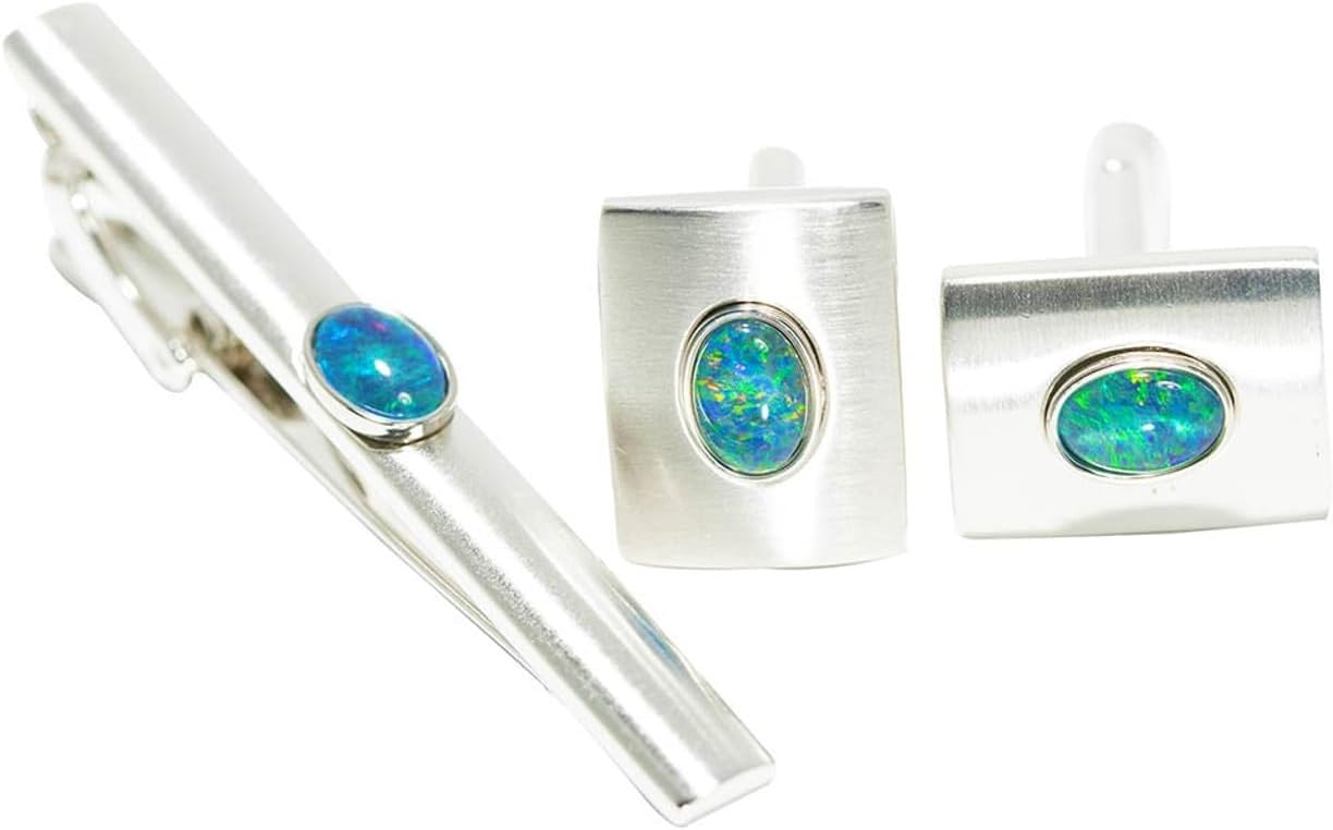 MOUNTAIN VIEW Cuff Links & Tie Clip Set | Genuine Blue Green Opal Gemstones | 925 Sterling Silver | Limited Edition Men’s Luxury Jewelry | Unique Gift for Wedding, Anniversary, Business, or Formal Wear