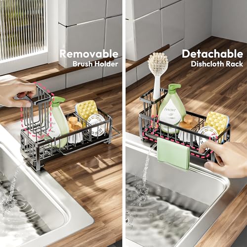 SWTYMIKI Kitchen Sink Caddy Organiser - Sink Tidy Organiser with Auto Draining Tray, Brush Holder, Stainless Steel Sponge Holder with Divider for Countertop Kitchen Storage & Organisation, Black - Image 3