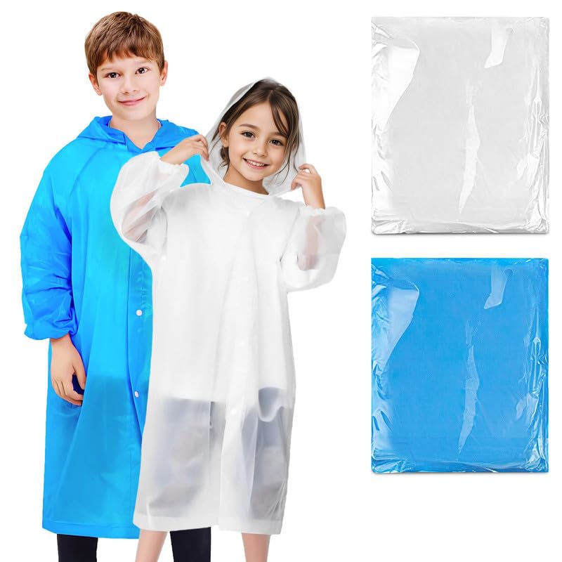 Image of BFONS 2-3 Pack Rain Ponchos for Kids, Reusable Raincoats for Boys Girls with Hood and Sleeves, Waterproof Rain Jackets