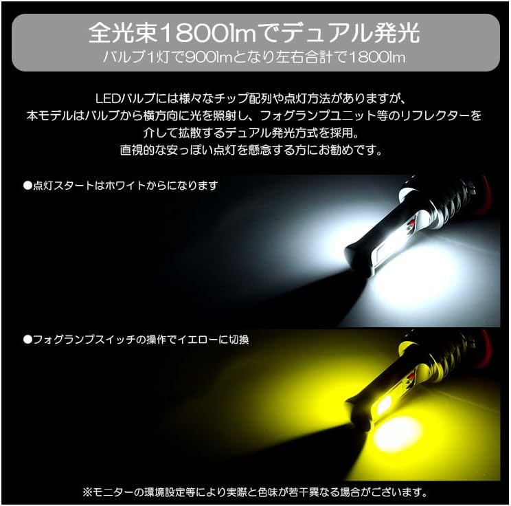プロボックス ハイブリッド含む 160系 フォグランプ LED 2色切替 ホワイト/イエロー H16 18W 1800ルーメ ン E
