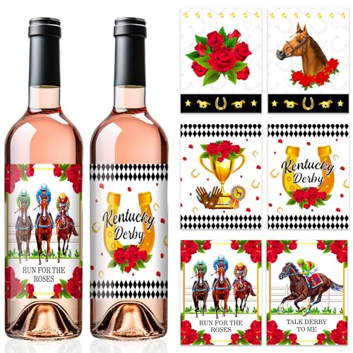 HOWAF 12pcs Kentucky Horse Derby Wine Bottle Label Stickers, Race Party Decorations Horse Racing Water Bottle Waterproof Labels for Run for the rose Party Decorations