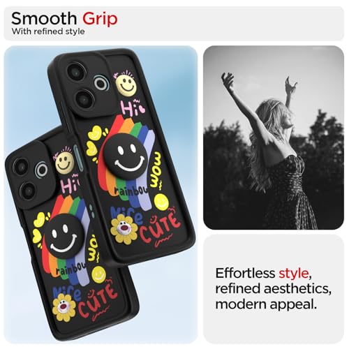 Image of Pikkme Back Cover for Redmi 13 5G / Poco M6 Plus 5G | Soft Silicone| Cute Rainbow Smile & 3D Cartoon Flower Design | Shockproof Raised Camera Protection Bumper Case (Black)