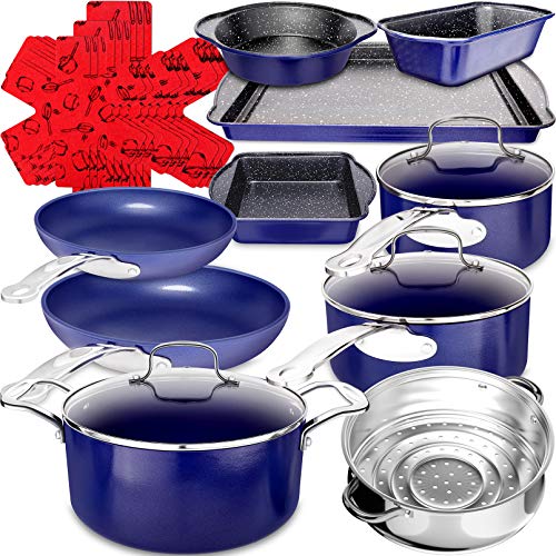 Dealz Frenzy 19-Piece Healthy Ceramic Non-Stick Cookware Set Bakeware set with Marble Coating Induction Pots and Pans Set with Cool Handles Kitchenware SetsOcean BlueMothers Day Gift