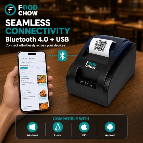 Image of 12 Months Software License for Restaurants, Cafes, Sweet Shops, Food Trucks | 58mm (2 Inch) Direct Thermal Receipt Printer | USB + Bluetooth with QR Code Standee and Website