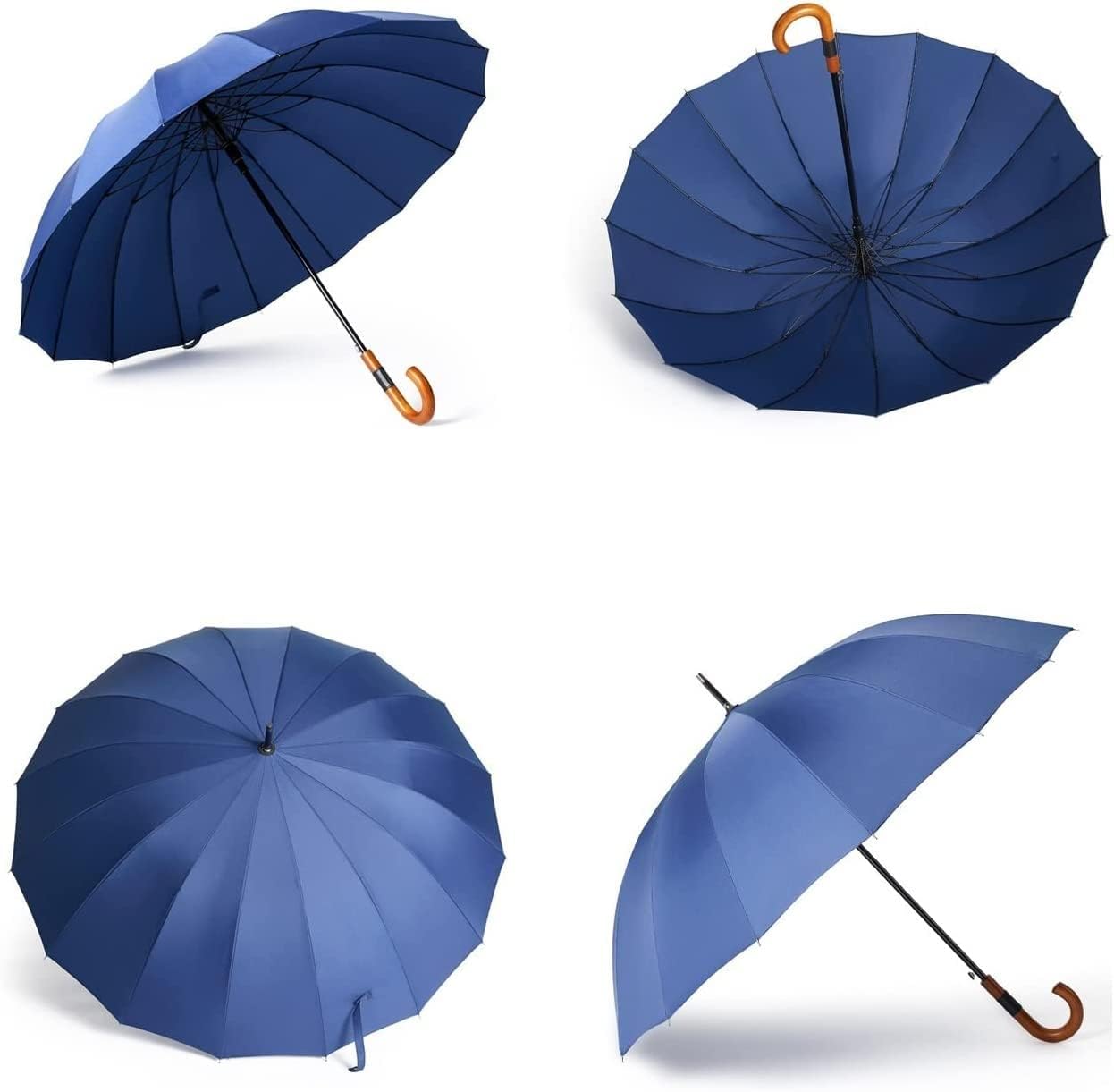 Windproof Large Umbrella for Rain 54 Inch Automatic Open for 2 Persons Wind Resistant Umbrellas for Adult Men Women Classic Wooden Handle Fast Drying Strong 16 Ribs (Gray : Blue)