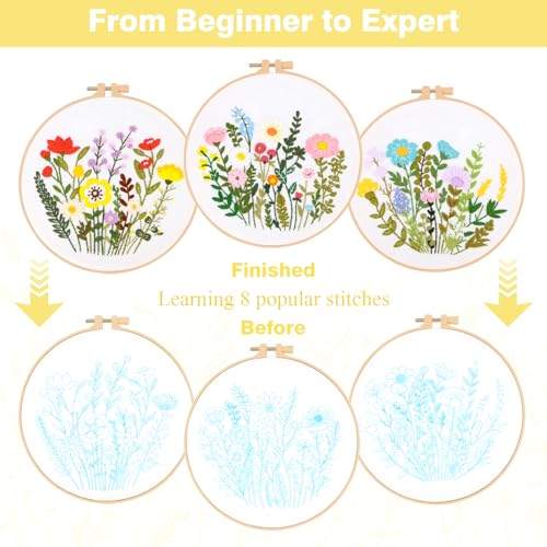 Image of RidaaFri Embroidery Kit for Beginners, Set of 3 Flower Pattern DIY Practice Kits for Adults, Hand Embroidery Set with Step-by-Step Guide & Video Tutorial, Includes Hoop, Needles, Floss