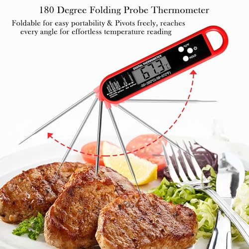 Meat Thermometer Digital,Instant Read Food Thermometer with Backlight LCD Screen, Waterproof Foldable Long Probe,Auto On/Off, Perfect for Kitchen Cooking,BBQ,Candy Making,BBQ (Red) - Image 4