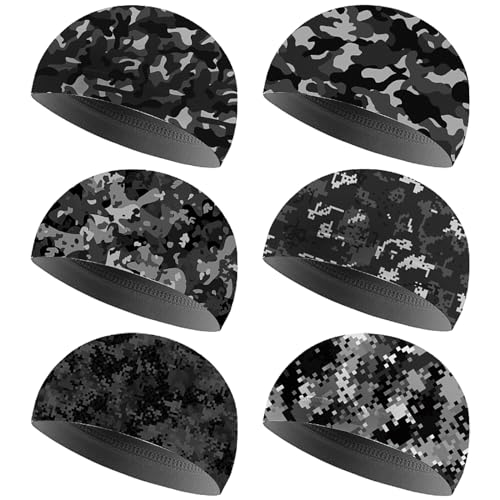 Boao 6 Pieces Cooling Skull Caps Helmet Hard Hat Liner Sweat Wicking Running Beanie Cycling for Men Women(Large,Black Camo)