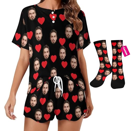 Artsadd Custom Short Pajamas Set With Photo, Women Personalized Lounge Set, Funny Face Printed Sleepwear, Soft Tracksuit Gift