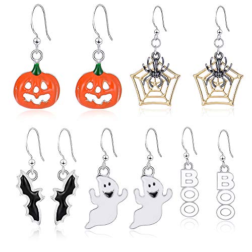 LZ Juego de 5 Pares de aretes con temática de Halloween, Que Incluyen Halloween Spider Web Pumpkin Ghost Bat Room Halloween, aretes para niña