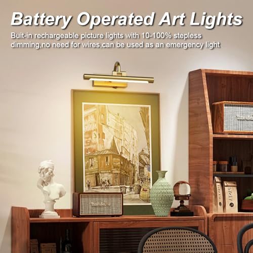 Image of Aipsun 11.8 inch Brass Picture Lights for Wall Rechargeable,10000mAh Battery Operated Art Light for Paintings,3CCT Dimmable, Rotatable Gallery Light for Pictures Display