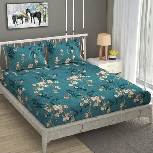 Image of Vaini Premium Heavy Cotton Elastic Fitted Bedsheets with 2 King Size Pillow Covers || Double Bed with All Around Elast (Green Flower, King (90x100Inch Flat))