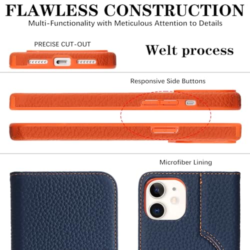 Image of Detachable Genuine Leather Case for iPhone 12 /12 Pro Wallet Case Magnetic 2in1 Removable Flip Cover Book Purse Compatible with Magsafe Charging Kickstand Card Holder-Navy Blue+Orange
