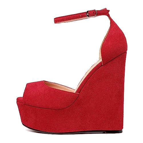ROSERWISH Womens Sexy Peep Toe Night Club Ankle Strap Suede Buckle Platform Fashion Wedge High Heel Pumps Shoes 6 Inch2