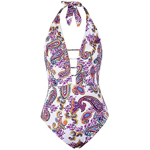 Hilor Women's Lace Up One Piece Swimsuit Halter Bikini High Waisted Swimwear 14 White&Orange Paisley Cover