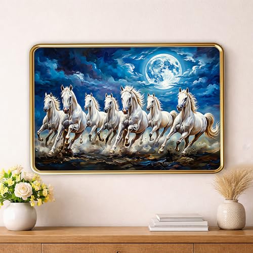 Image of XOPY Seven Running Horses with Golden Frame | Vastu 7 horses Raw Pyrite Painting for Home, Office & Living Room Wall Decore | 12X18 Inch Sparkle Laminated Frame | Best For Gifting (53311, 12X18)