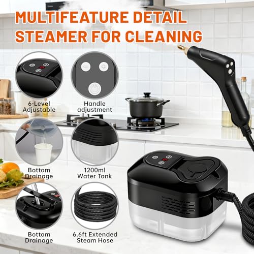 Image of High Pressure Steam Cleaner, 6-Level Adjustable, 15s Heat-Up, 1.2L Large Tank. Portable High Temp Bathroom Power Steamer Cleaning Machine Steam Cleaner For Home Use Kitchen Grease Car Cleaning