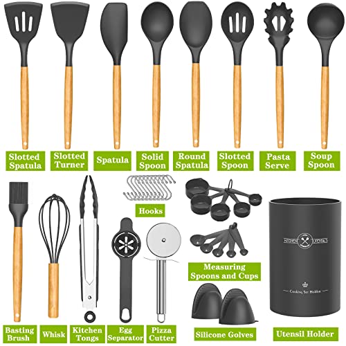 Umite-Chef-36pcs-Silicone-Kitchen-Cooking-Utensils-with-Holder-Heat-Resistant-Cooking-Utensils-Sets-Wooden-Handle-Nonstick-Kitchen-Gadgets-Tools-Include-Spatula-Spoons-Turner-Pizza-CutterGrey Umite Chef 36pcs Silicone Kitchen Cooking Utensils with Holder Heat Resistant Cooking Utensils Sets Wooden Handle Nonstick Kitchen Gadgets Tools Include Spatula Spoons Turner Pizza CutterGrey