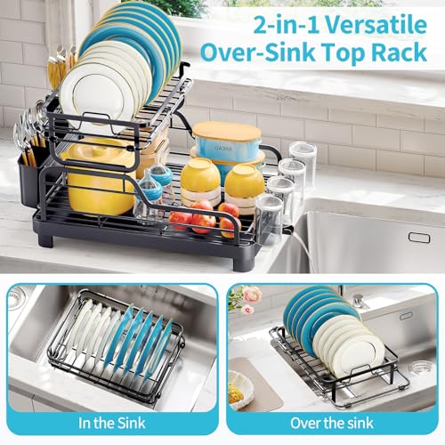 TOOLF Dish Drying Rack,2 Tier Dish Drying Rack with Large Drainboard,Dish Racks for Kitchen Counter and Sink,Stainless Steel Dish Drainers with Cup & Utensil Holders,Black by TOOLF - Used condition - Image 2