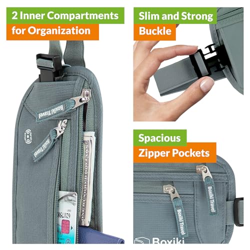 Image of Boxiki Travel Gray Money Belt + RFID Sleeves Set of 8 Pcs | RFID Blocking Secure Waist Bag, Credit Card Holders & Passport Holders for Men and Women | Keep Your Travel Essentials in Reach