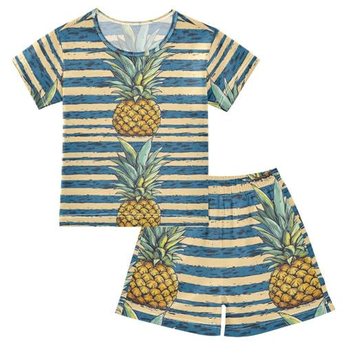 ALAZA Retro Pineapples Stripes Pajama Set Short Sleeve Sleepwear Soft Lounge Nightwear