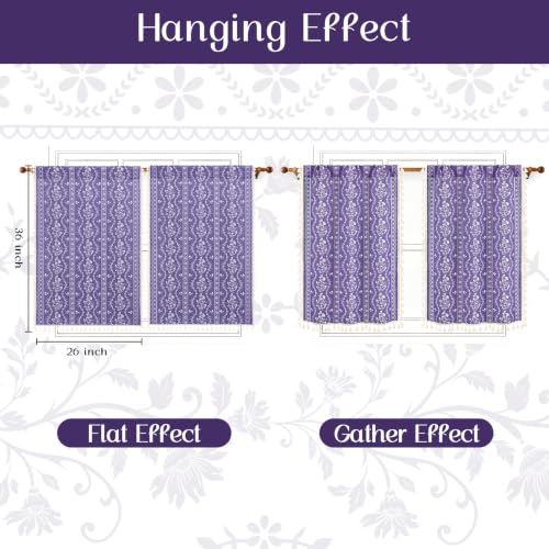 Image of Yinhua Boho Kitchen Curtains 36 Inch Length Vintage Linen Cafe Curtains Light Filtering Bohemian Floral Tier Rod Pocket Farmhouse Rustic Tassel Small Drapes with Tiebacks, 2 Panels, Purple