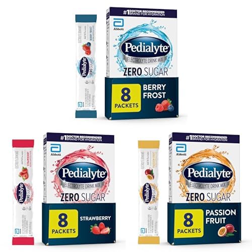 Pedialyte Electrolyte Drink Mix, Zero Sugar, Variety Pack, 24 Single-Serving Powder Packets, Berry Frost, Passion Fruit, Strawberry