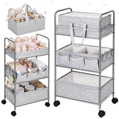 Image of Yookeer 2in1 Baby Diaper Caddy Organizer Cart 3 Tier Large Capacity Metal Utility Bedside Rolling Cart with Divider Newborn Registry Gift Nursery Essential Must Have Bedroom Baby Shower(Gray,Star)