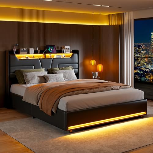 YYXLDYNB - Cama de maletero de 160 x 200 cm, multifuncional cama hidráulica con LED y función de carga USB, cama doble con almacenamiento, somier de lámina, PU, negro (sin colchón)