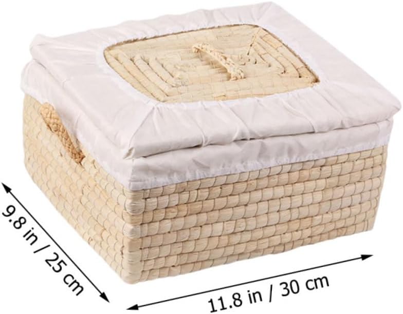 Woven Bread Storage Basket with Lid 25x30x14cm Natural Straw Bread Organizer for Kitchen, Household Egg and Bun Holder Suitable for 5-10 Buns and Food Serving