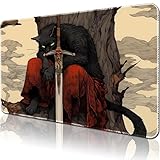 April Space Playmat Board Game MTG Duel Playmat Trading Card 24 x 14in Stitching Edges Compatible for TCG CCG RPG OCG with Card Zones + Including Storage Bags (Cat Swordsman,No Zone)