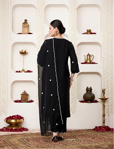 Image of Amazon Brand - Myx Women's Embroidered Kurta Pant Set with Organza Dupatta (Available in Plus Sizes)