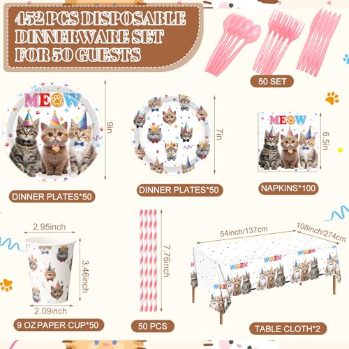 Image of Funnymoom 452 Pcs Cat Birthday Party Decorations for 50 Guests, Cat Paper Plates Napkins Cups Tablecloth Cutlery Straws Disposable Tableware Set for Kitten Lover Birthday Party Supplies