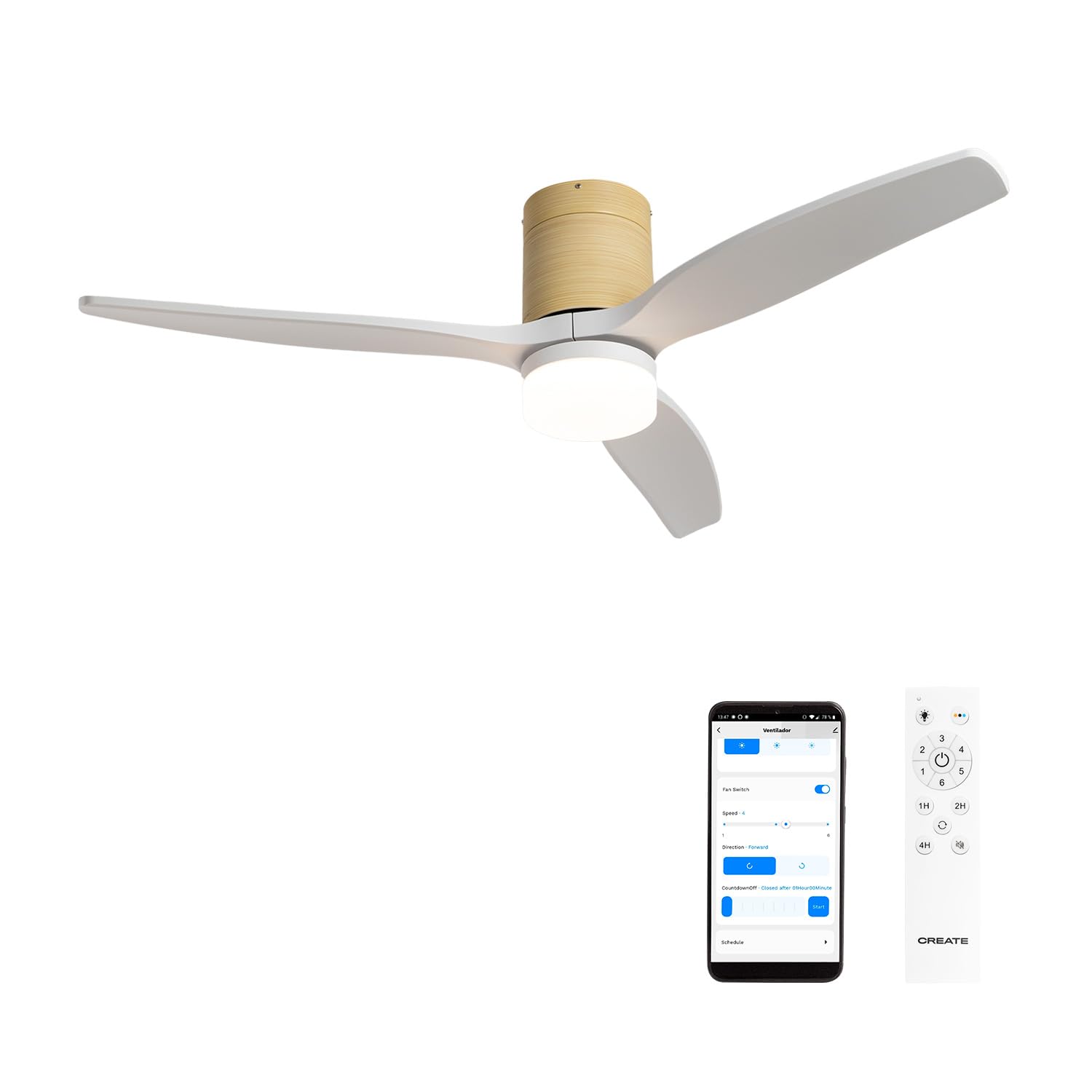 CREATE / WINDCALM M/Ventilador de techo ABS con luz efecto madera clara aspas blanco con Wifi y mando / 40W. Silencioso. Ø132 cm. 6 velocidades. 3 temperaturas de luz. función verano-invierno