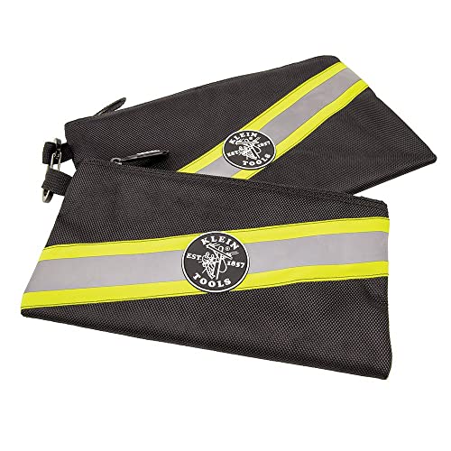 Zipper Bags, High Visibility Tool Pouches, Heavy-Duty 1680d Ballistic Weave, Black, Reflective Gray, Green Accents, 2-Pack - Klein Tools 55599