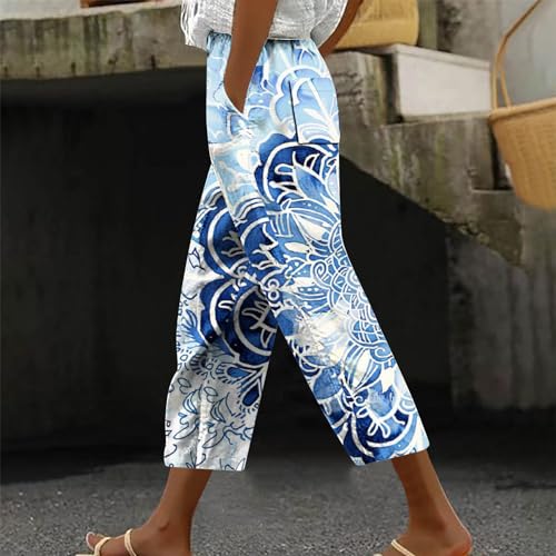 Womens Cropped Trousers Elastic High Waist Wide Leg Capri Pants Comfy Loose Fit Tie-dye Print Pants Fashion Trousers Light Blue2