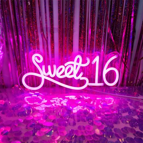 Image of Sweet 16 Neon Signs for Wall Decor, Sweet Sixteen Party Decorations Sweet 16 Neon Sign Sweet Sixteen Decorations LED Light Sign for Birthday Party Commemorative, 13.3 inch x 5.59 inch