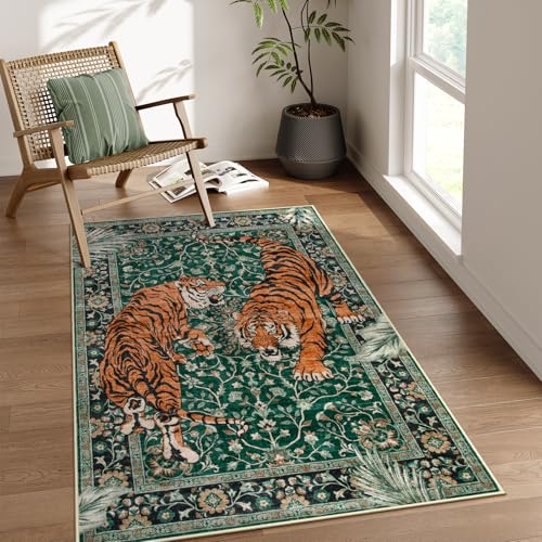 Moynesa Tiger 3x5 Washable Rug, Boho Area Rugs for Entryway, Green Non Slip Small Rug for Bedroom, Ultra Thin Botanical Soft Accent Carpet for Kitchen Entry Laundry Room