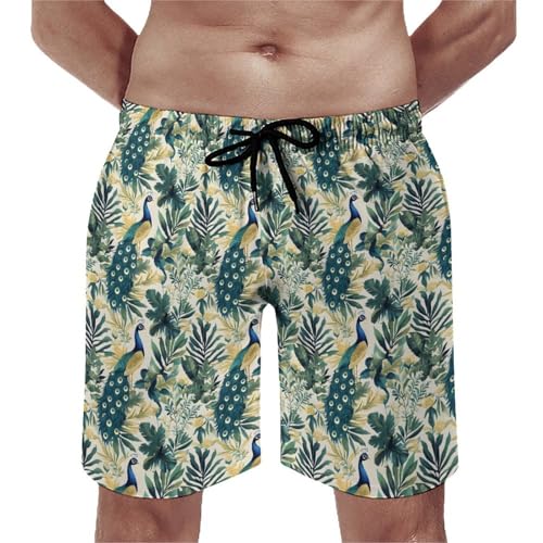 Green Plant Peacock Print Mens Swim Trunks, Quick Dry Swim Shorts with Mesh Lining Swimwear Bathing Suits