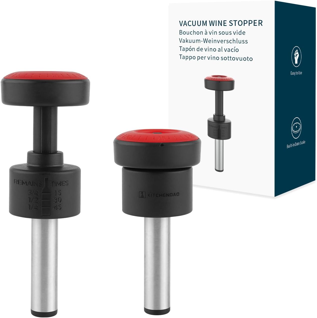 KITCHENDAO Magnetic Wine Stopper, Double-Layer Secure Seal with Date Marker, Twist -Lock Design Reusable Wine Bottle Stopper Sealer, Fits Most Wine Bottles Including Screw Top, Set of 2