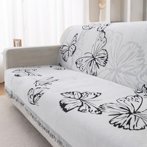 Image of HOKIPO Serene Abode Sofa Cover 3 Seater, 180x175 cm, Monochrome Butterfly