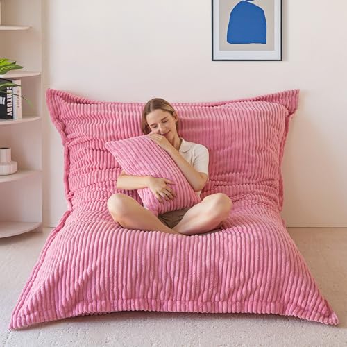 Image of MAXYOYO Giant Bean Bag Chair with Pillow, 3 in 1 Convertible Bean Bag Chair for Adults with Washable Cover, Removable Floor Cushion Stuffed Floor Lounger for Living Room Bedroom, Pink, Full