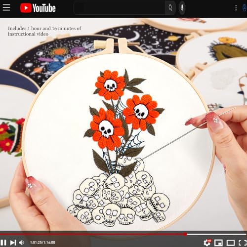 Image of Crafmanoe Halloween Embroidery Starter Kit for Beginners Adults, Skull Flowers Stamped Cross Stitch Kits for Beginners Adults, Gothic Hand Embroidery Needlepoint Kits, Hoops, Fabric and Video Tutorial